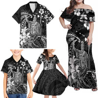 Hawaii King Kamehameha Day Family Matching Off Shoulder Maxi Dress and Hawaiian Shirt Polynesian Pattern Mix Hibiscus Black LT05 - Polynesian Pride