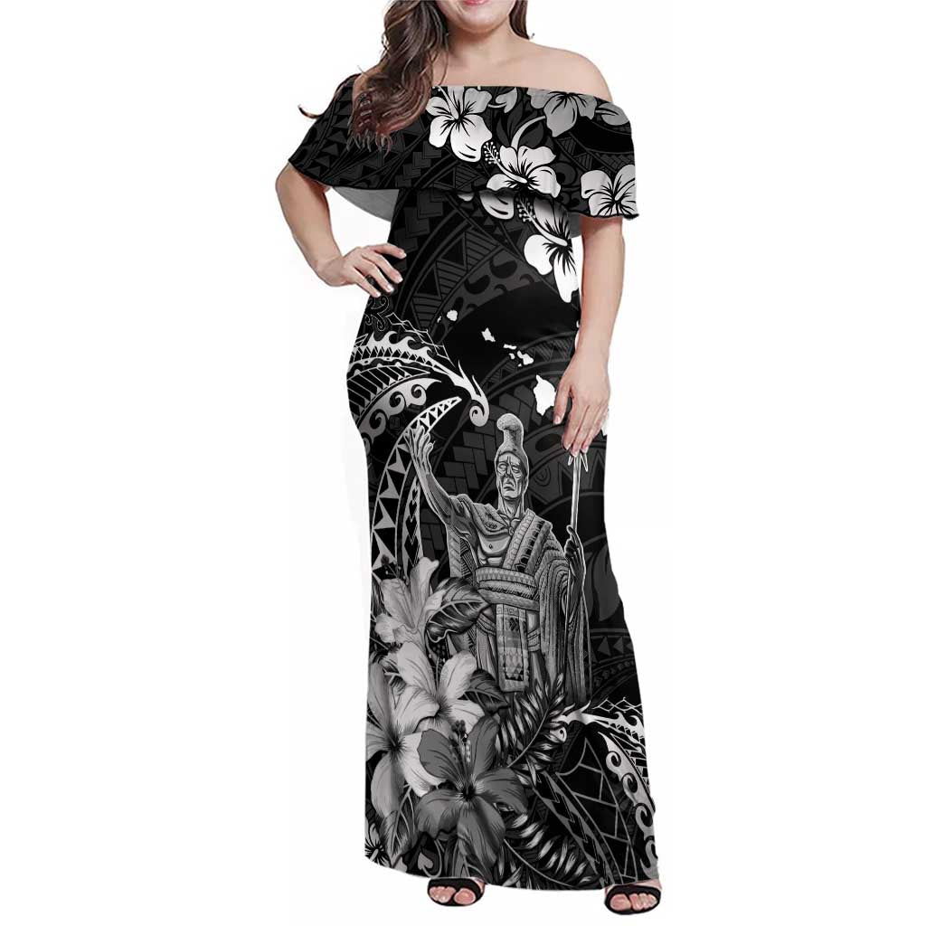 Hawaii King Kamehameha Day Family Matching Off Shoulder Maxi Dress and Hawaiian Shirt Polynesian Pattern Mix Hibiscus Black LT05 Mom's Dress Black - Polynesian Pride