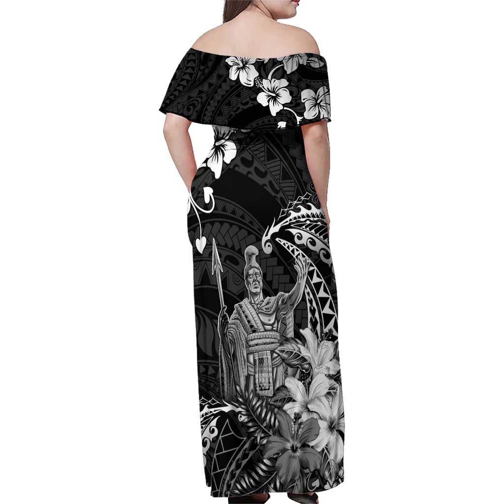 Hawaii King Kamehameha Day Family Matching Off Shoulder Maxi Dress and Hawaiian Shirt Polynesian Pattern Mix Hibiscus Black LT05 - Polynesian Pride