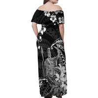 Hawaii King Kamehameha Day Family Matching Off Shoulder Maxi Dress and Hawaiian Shirt Polynesian Pattern Mix Hibiscus Black LT05 - Polynesian Pride
