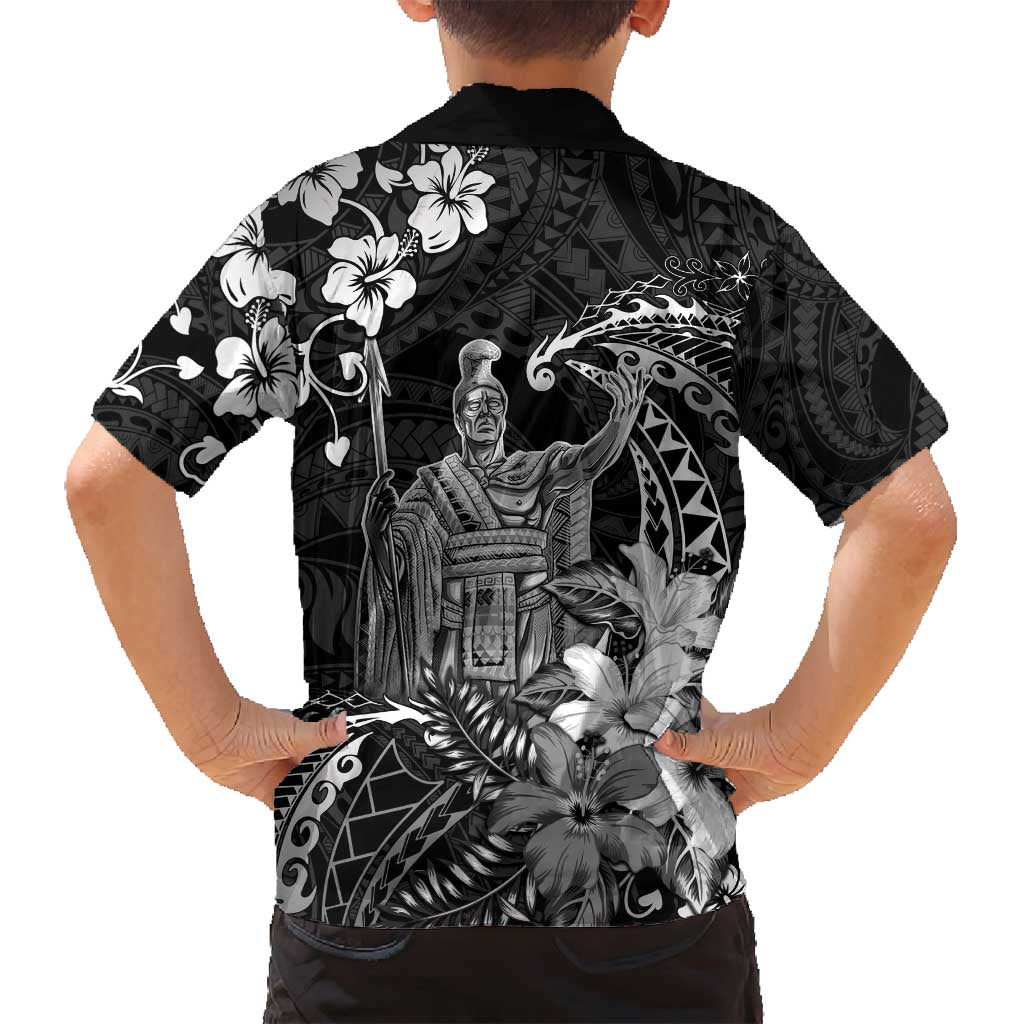 Hawaii King Kamehameha Day Family Matching Off Shoulder Short Dress and Hawaiian Shirt Polynesian Pattern Mix Hibiscus Black LT05 - Polynesian Pride