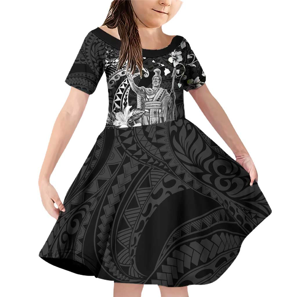 Hawaii King Kamehameha Day Family Matching Off Shoulder Short Dress and Hawaiian Shirt Polynesian Pattern Mix Hibiscus Black LT05 Daughter's Dress Black - Polynesian Pride