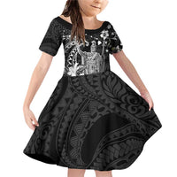 Hawaii King Kamehameha Day Family Matching Off Shoulder Short Dress and Hawaiian Shirt Polynesian Pattern Mix Hibiscus Black LT05 Daughter's Dress Black - Polynesian Pride