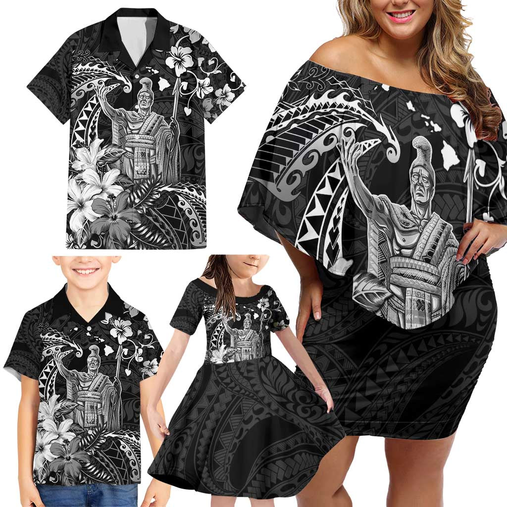 Hawaii King Kamehameha Day Family Matching Off Shoulder Short Dress and Hawaiian Shirt Polynesian Pattern Mix Hibiscus Black LT05 - Polynesian Pride