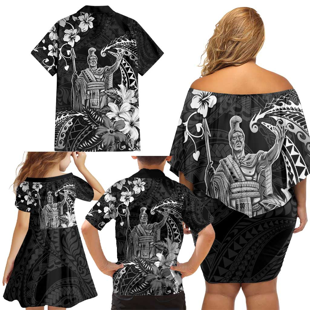 Hawaii King Kamehameha Day Family Matching Off Shoulder Short Dress and Hawaiian Shirt Polynesian Pattern Mix Hibiscus Black LT05 - Polynesian Pride