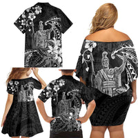 Hawaii King Kamehameha Day Family Matching Off Shoulder Short Dress and Hawaiian Shirt Polynesian Pattern Mix Hibiscus Black LT05 - Polynesian Pride