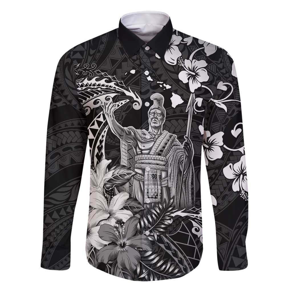 Hawaii King Kamehameha Day Family Matching Off Shoulder Short Dress and Hawaiian Shirt Polynesian Pattern Mix Hibiscus Black LT05 Dad's Shirt - Long Sleeve Black - Polynesian Pride