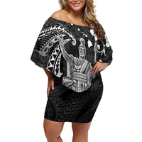 Hawaii King Kamehameha Day Family Matching Off Shoulder Short Dress and Hawaiian Shirt Polynesian Pattern Mix Hibiscus Black LT05 Mom's Dress Black - Polynesian Pride
