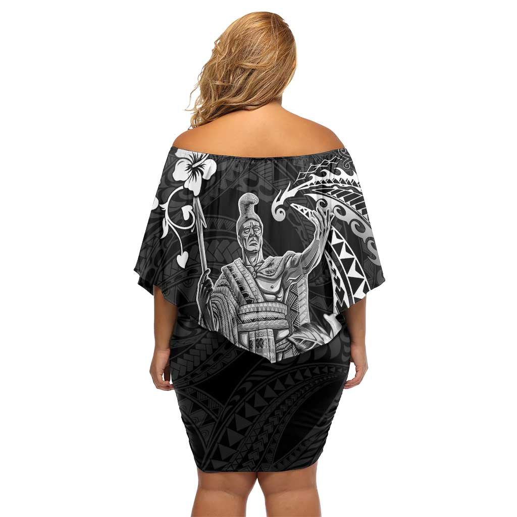 Hawaii King Kamehameha Day Family Matching Off Shoulder Short Dress and Hawaiian Shirt Polynesian Pattern Mix Hibiscus Black LT05 - Polynesian Pride