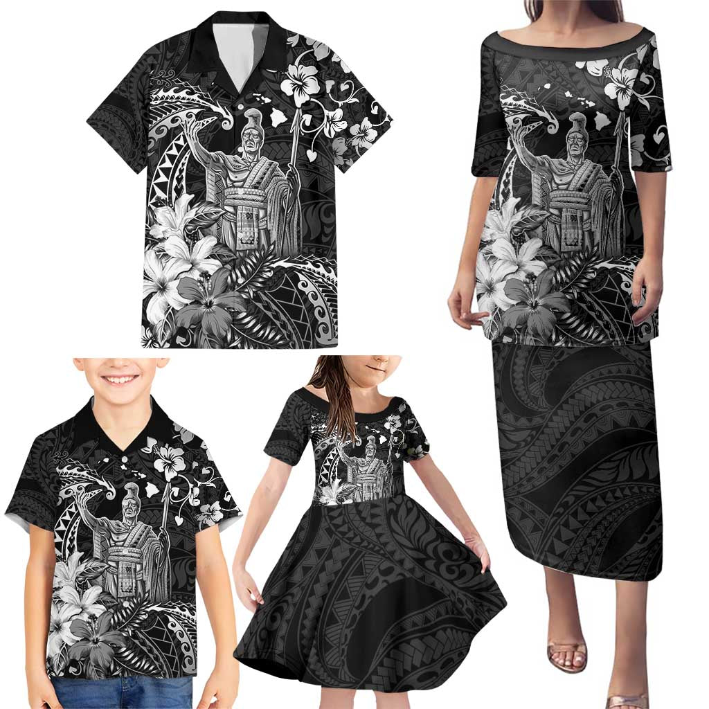 Hawaii King Kamehameha Day Family Matching Puletasi and Hawaiian Shirt Polynesian Pattern Mix Hibiscus Black LT05 - Polynesian Pride