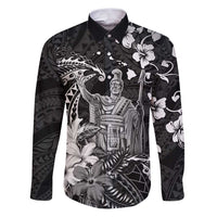 Hawaii King Kamehameha Day Family Matching Puletasi and Hawaiian Shirt Polynesian Pattern Mix Hibiscus Black LT05 Dad's Shirt - Long Sleeve Black - Polynesian Pride