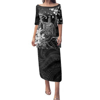 Hawaii King Kamehameha Day Family Matching Puletasi and Hawaiian Shirt Polynesian Pattern Mix Hibiscus Black LT05 Mom's Dress Black - Polynesian Pride