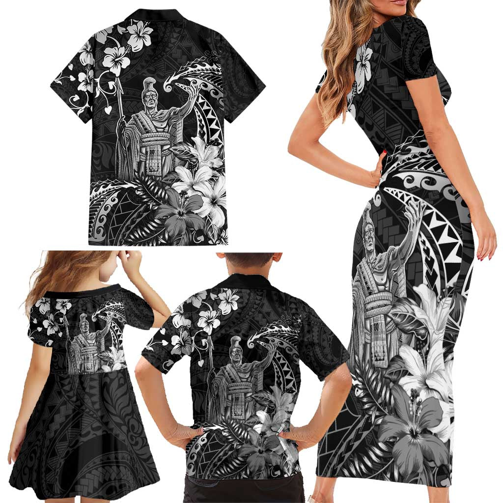 Hawaii King Kamehameha Day Family Matching Short Sleeve Bodycon Dress and Hawaiian Shirt Polynesian Pattern Mix Hibiscus Black LT05 - Polynesian Pride