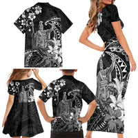 Hawaii King Kamehameha Day Family Matching Short Sleeve Bodycon Dress and Hawaiian Shirt Polynesian Pattern Mix Hibiscus Black LT05 - Polynesian Pride