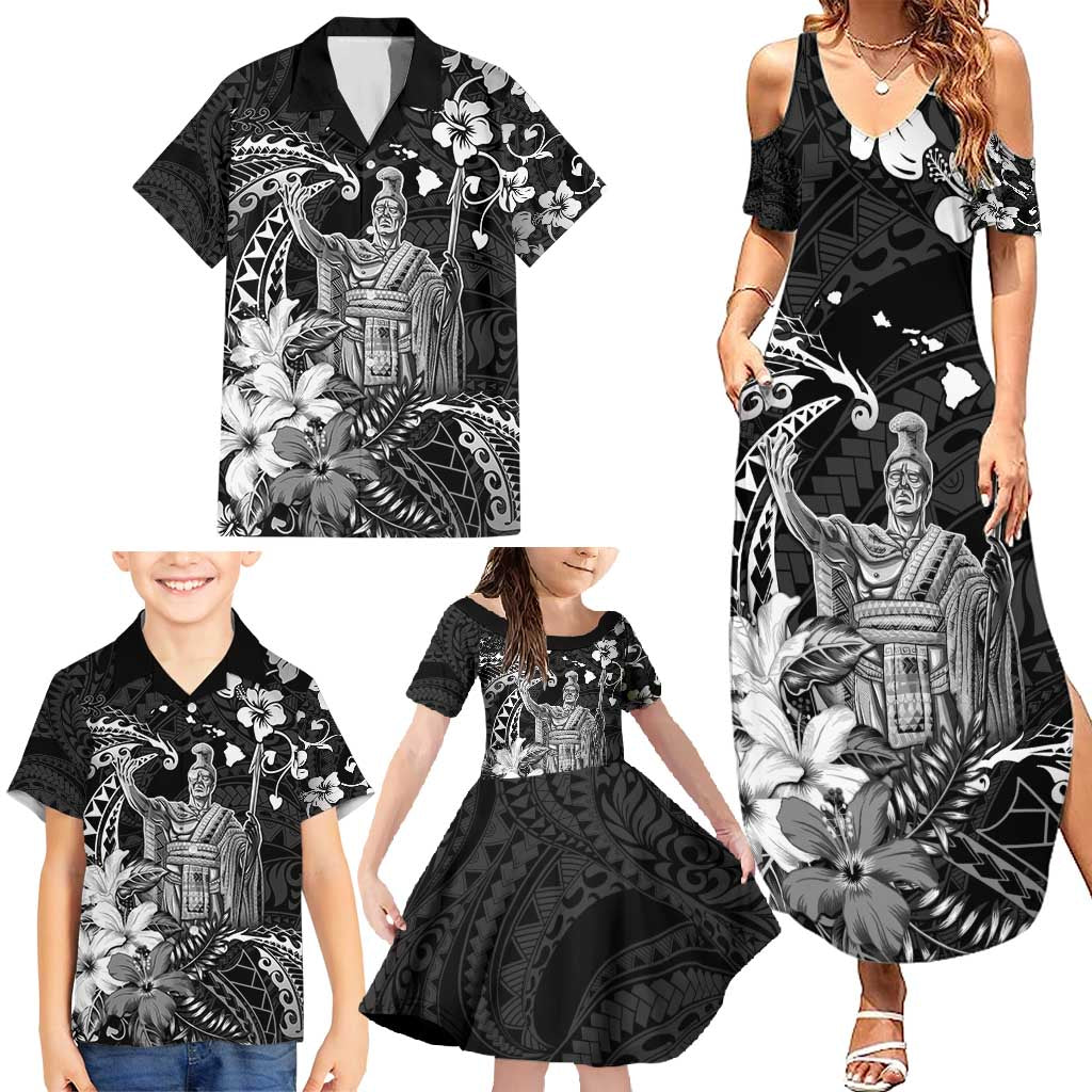 Hawaii King Kamehameha Day Family Matching Summer Maxi Dress and Hawaiian Shirt Polynesian Pattern Mix Hibiscus Black LT05 - Polynesian Pride