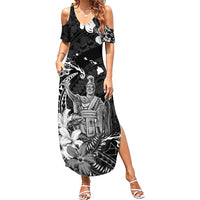 Hawaii King Kamehameha Day Family Matching Summer Maxi Dress and Hawaiian Shirt Polynesian Pattern Mix Hibiscus Black LT05 Mom's Dress Black - Polynesian Pride