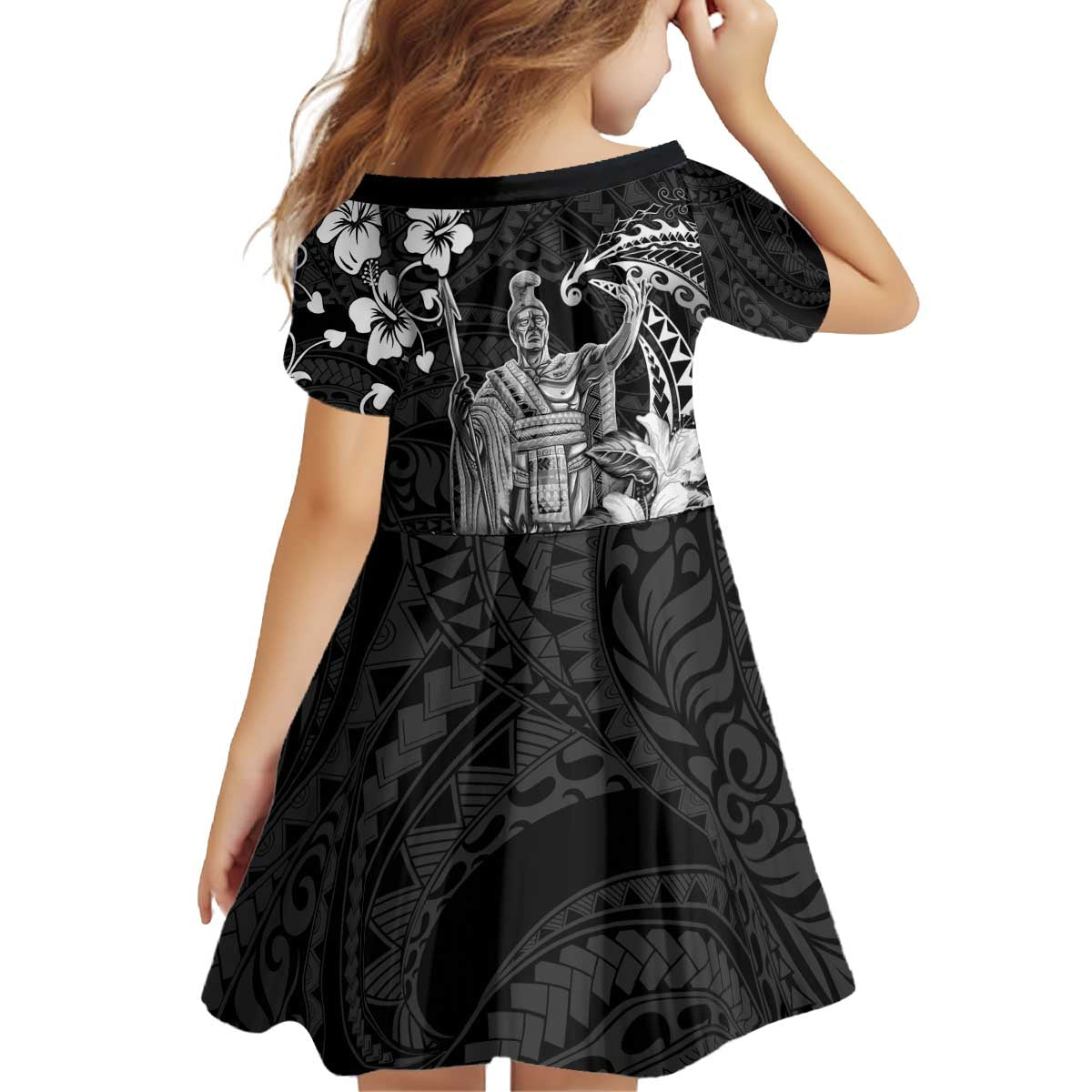 Hawaii King Kamehameha Day Kid Short Sleeve Dress Polynesian Pattern Mix Hibiscus Black