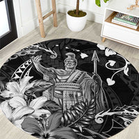 Hawaii King Kamehameha Day Round Carpet Polynesian Pattern Mix Hibiscus Black