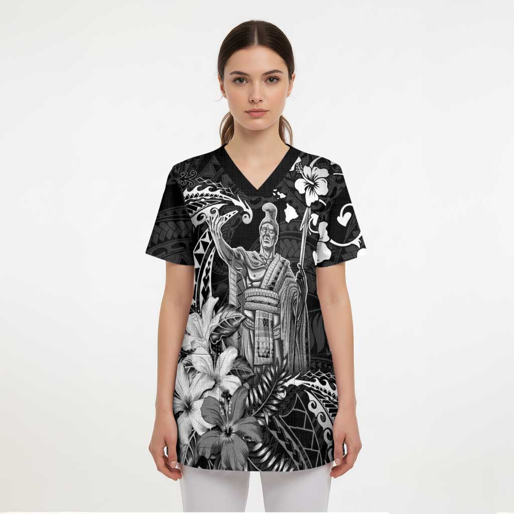 Hawaii King Kamehameha Day Scrub Top Polynesian Pattern Mix Hibiscus Black - Polynesian Pride