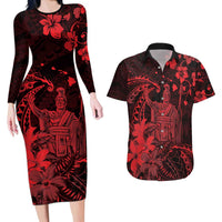 Hawaii King Kamehameha Day Couples Matching Long Sleeve Bodycon Dress and Hawaiian Shirt Polynesian Pattern Mix Hibiscus Red LT05 Red - Polynesian Pride