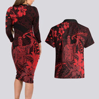 Hawaii King Kamehameha Day Couples Matching Long Sleeve Bodycon Dress and Hawaiian Shirt Polynesian Pattern Mix Hibiscus Red LT05 - Polynesian Pride