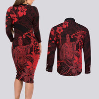 Hawaii King Kamehameha Day Couples Matching Long Sleeve Bodycon Dress and Long Sleeve Button Shirt Polynesian Pattern Mix Hibiscus Red LT05 - Polynesian Pride