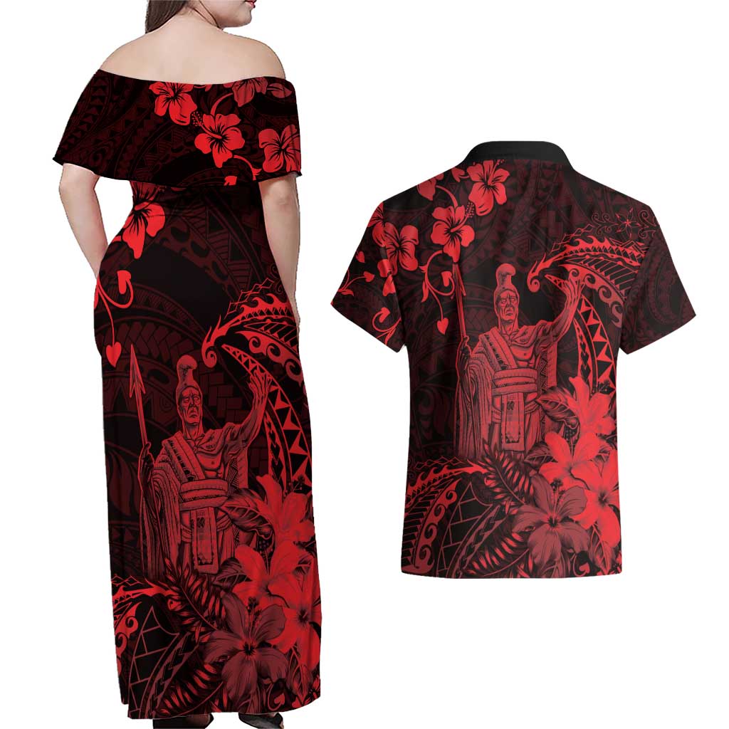 Hawaii King Kamehameha Day Couples Matching Off Shoulder Maxi Dress and Hawaiian Shirt Polynesian Pattern Mix Hibiscus Red LT05 - Polynesian Pride