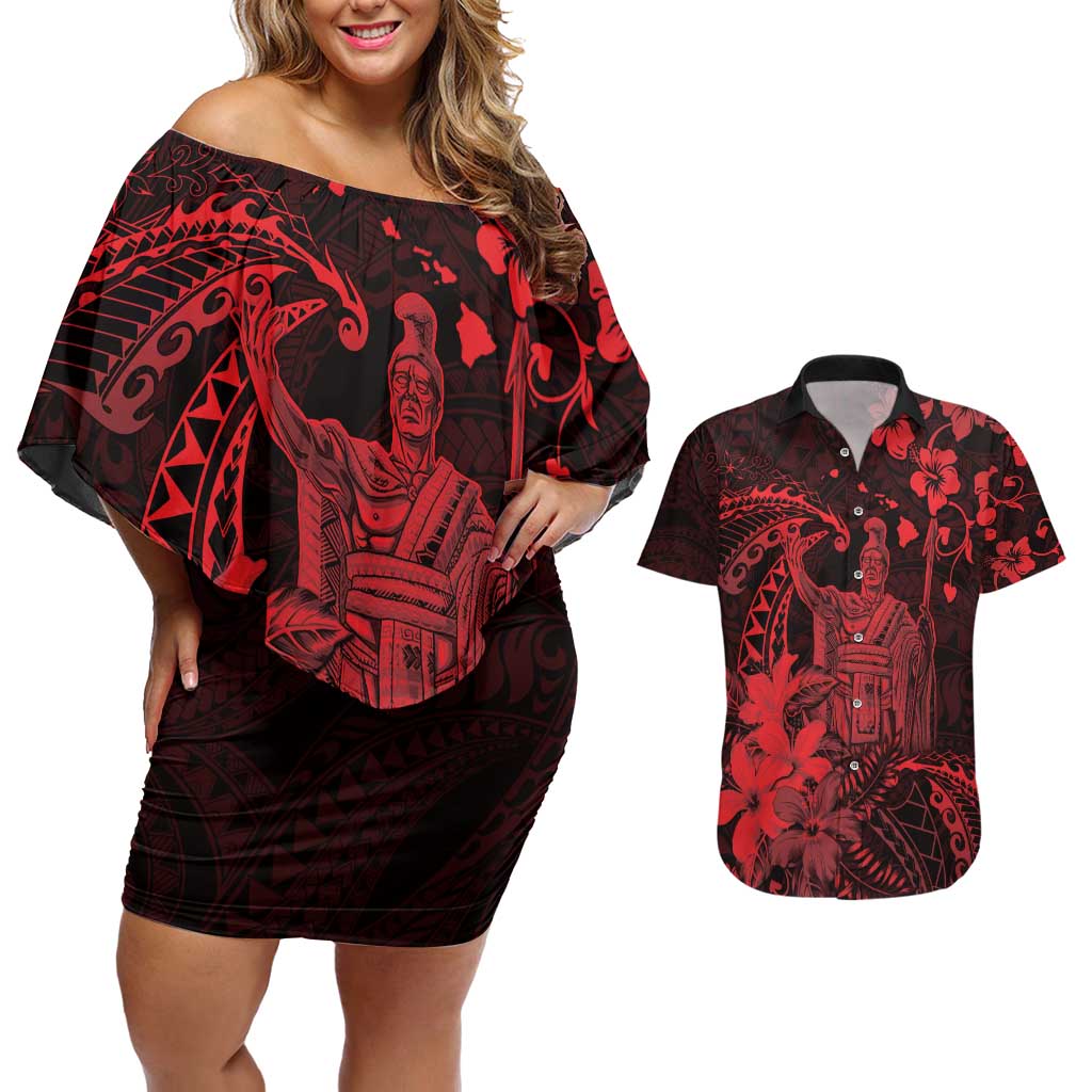 Hawaii King Kamehameha Day Couples Matching Off Shoulder Short Dress and Hawaiian Shirt Polynesian Pattern Mix Hibiscus Red LT05 Red - Polynesian Pride