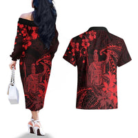Hawaii King Kamehameha Day Couples Matching Off The Shoulder Long Sleeve Dress and Hawaiian Shirt Polynesian Pattern Mix Hibiscus Red LT05 - Polynesian Pride