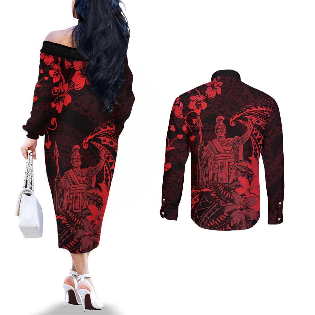 Hawaii King Kamehameha Day Couples Matching Off The Shoulder Long Sleeve Dress and Long Sleeve Button Shirt Polynesian Pattern Mix Hibiscus Red LT05 - Polynesian Pride