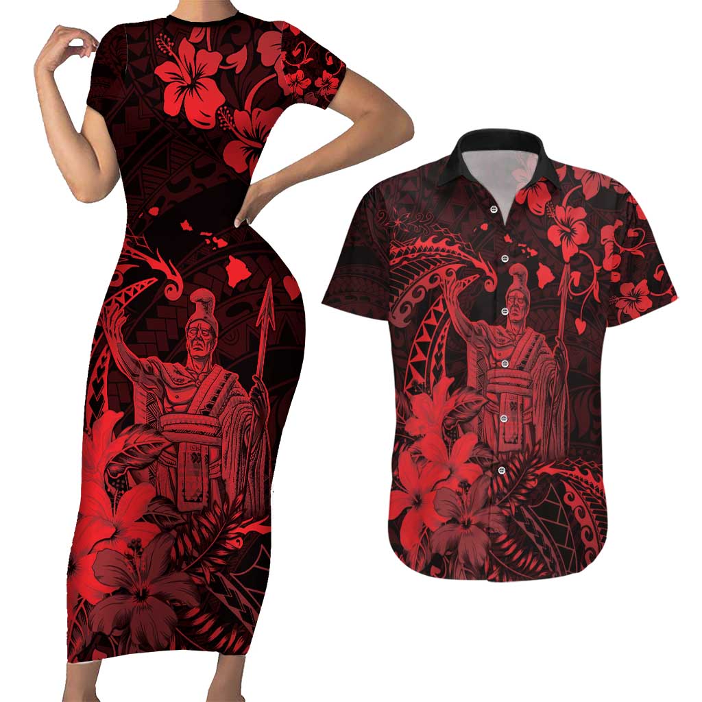 Hawaii King Kamehameha Day Couples Matching Short Sleeve Bodycon Dress and Hawaiian Shirt Polynesian Pattern Mix Hibiscus Red LT05 Red - Polynesian Pride