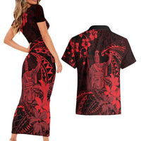 Hawaii King Kamehameha Day Couples Matching Short Sleeve Bodycon Dress and Hawaiian Shirt Polynesian Pattern Mix Hibiscus Red LT05 - Polynesian Pride