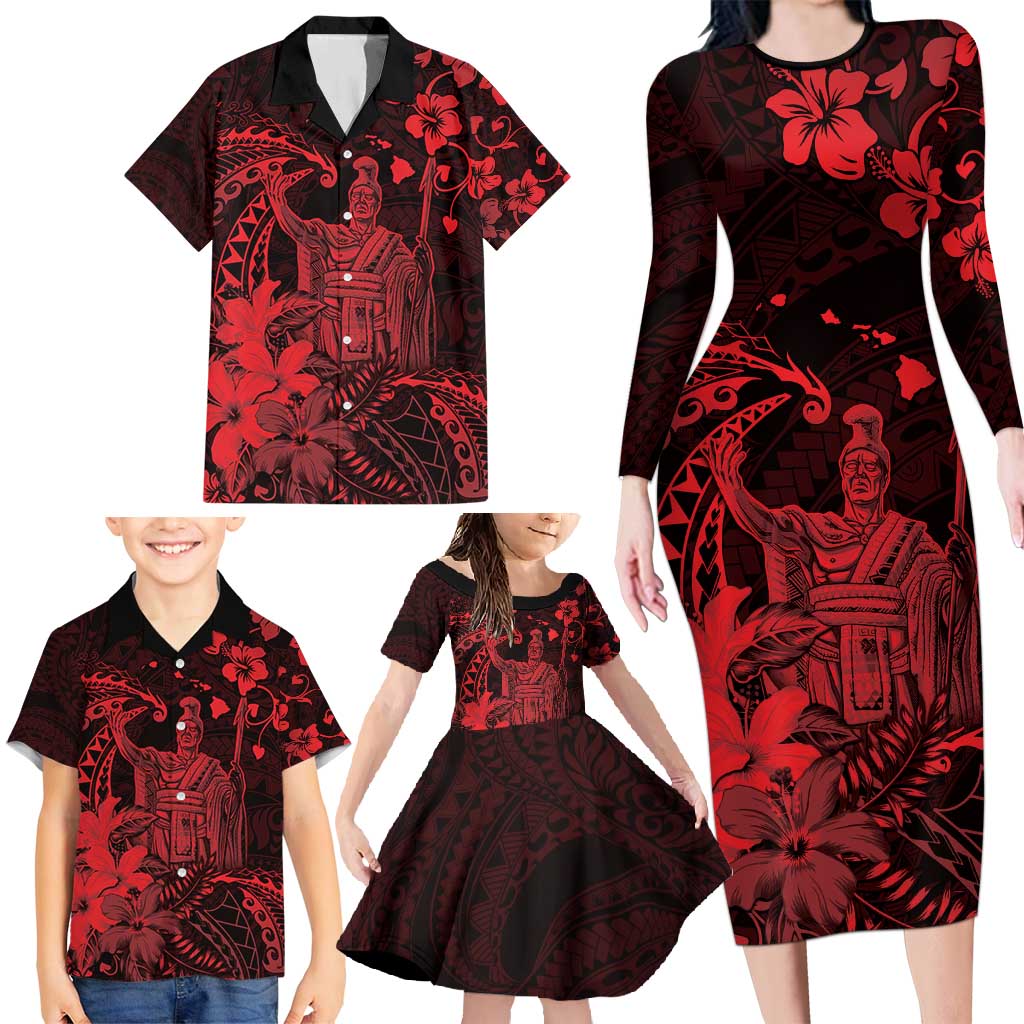 Hawaii King Kamehameha Day Family Matching Long Sleeve Bodycon Dress and Hawaiian Shirt Polynesian Pattern Mix Hibiscus Red LT05 - Polynesian Pride