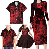 Hawaii King Kamehameha Day Family Matching Long Sleeve Bodycon Dress and Hawaiian Shirt Polynesian Pattern Mix Hibiscus Red LT05 - Polynesian Pride