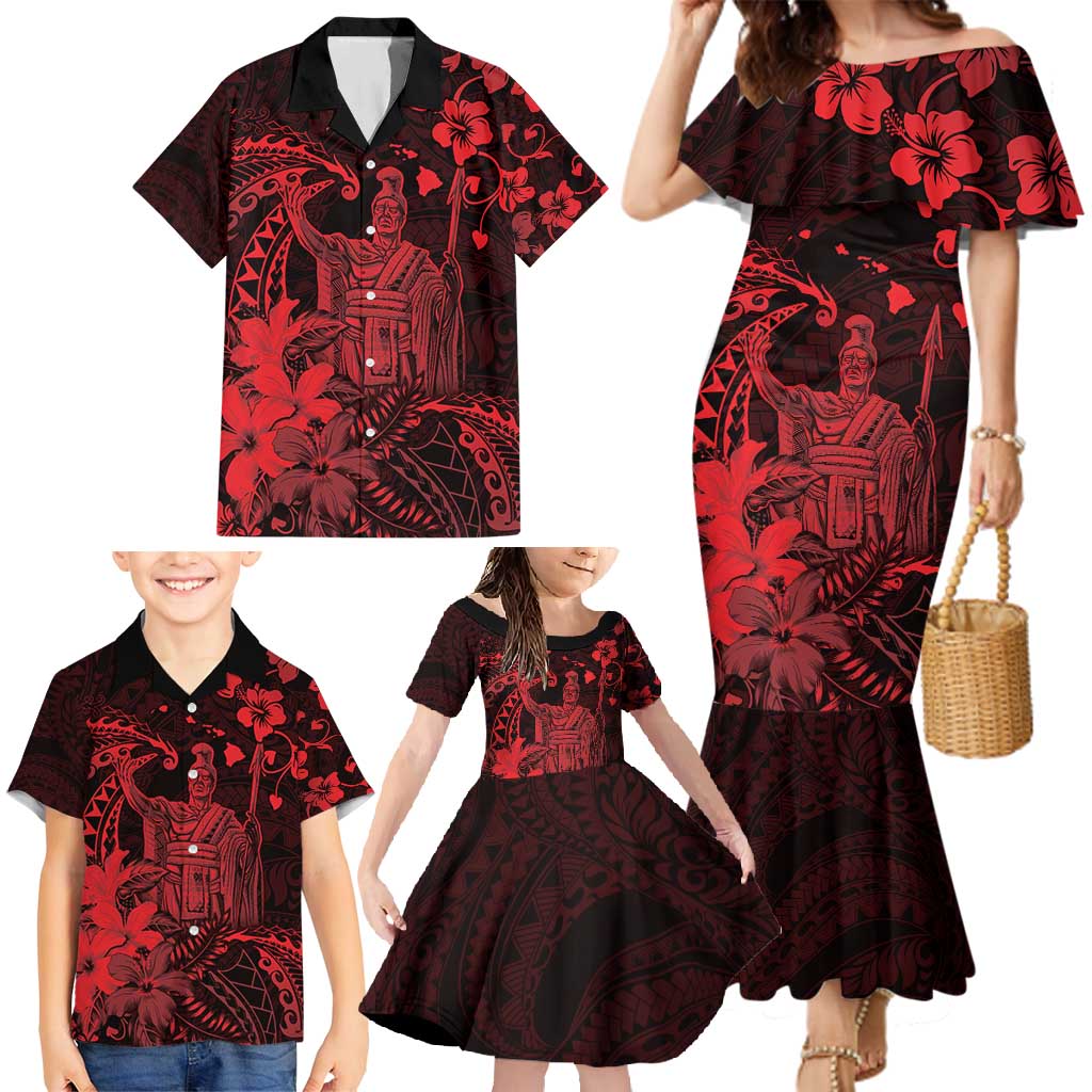 Hawaii King Kamehameha Day Family Matching Mermaid Dress and Hawaiian Shirt Polynesian Pattern Mix Hibiscus Red LT05 - Polynesian Pride