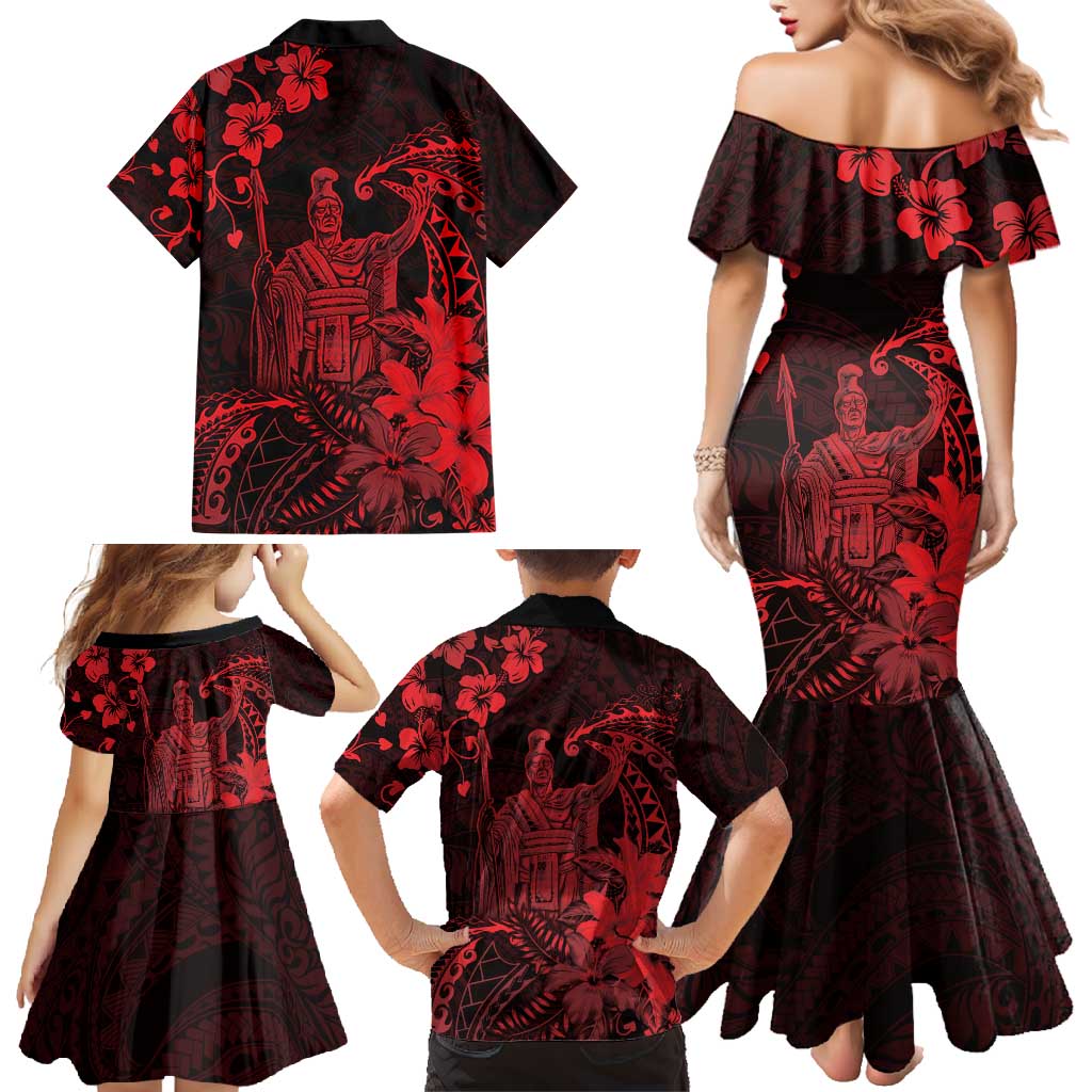 Hawaii King Kamehameha Day Family Matching Mermaid Dress and Hawaiian Shirt Polynesian Pattern Mix Hibiscus Red LT05 - Polynesian Pride