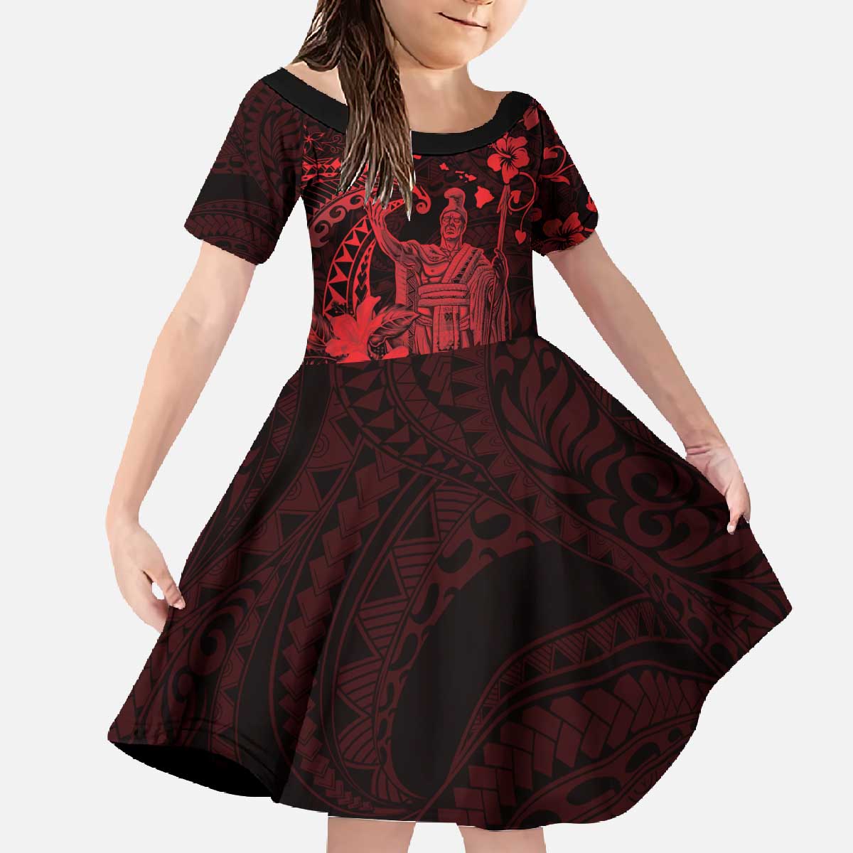 Hawaii King Kamehameha Day Family Matching Off The Shoulder Long Sleeve Dress and Hawaiian Shirt Polynesian Pattern Mix Hibiscus Red LT05 Daughter's Dress Red - Polynesian Pride