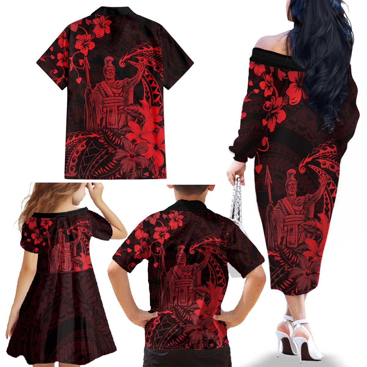 Hawaii King Kamehameha Day Family Matching Off The Shoulder Long Sleeve Dress and Hawaiian Shirt Polynesian Pattern Mix Hibiscus Red LT05 - Polynesian Pride