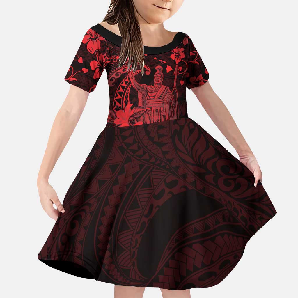 Hawaii King Kamehameha Day Family Matching Off Shoulder Maxi Dress and Hawaiian Shirt Polynesian Pattern Mix Hibiscus Red LT05 Daughter's Dress Red - Polynesian Pride