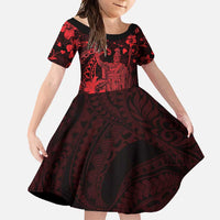 Hawaii King Kamehameha Day Family Matching Off Shoulder Maxi Dress and Hawaiian Shirt Polynesian Pattern Mix Hibiscus Red LT05 Daughter's Dress Red - Polynesian Pride