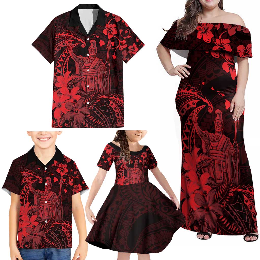 Hawaii King Kamehameha Day Family Matching Off Shoulder Maxi Dress and Hawaiian Shirt Polynesian Pattern Mix Hibiscus Red LT05 - Polynesian Pride