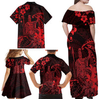 Hawaii King Kamehameha Day Family Matching Off Shoulder Maxi Dress and Hawaiian Shirt Polynesian Pattern Mix Hibiscus Red LT05 - Polynesian Pride