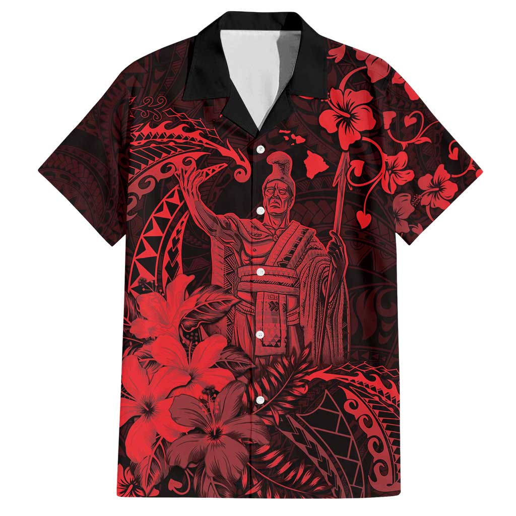 Hawaii King Kamehameha Day Family Matching Off Shoulder Maxi Dress and Hawaiian Shirt Polynesian Pattern Mix Hibiscus Red LT05 Dad's Shirt - Short Sleeve Red - Polynesian Pride