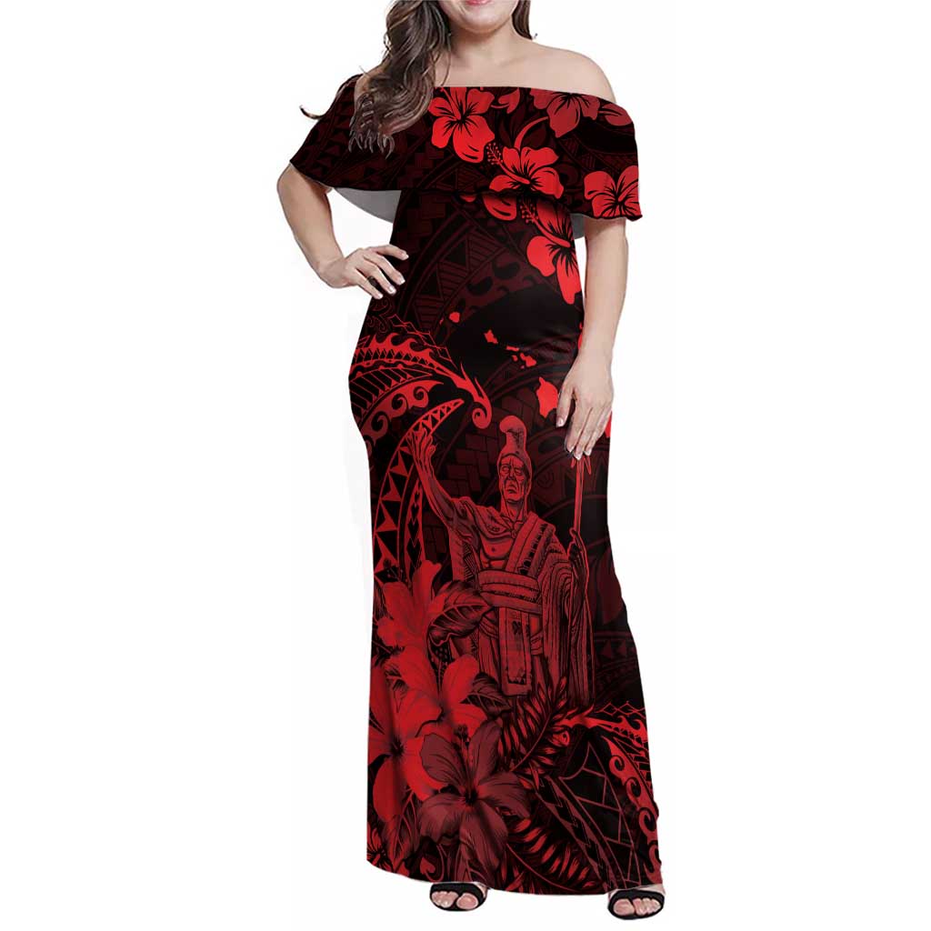 Hawaii King Kamehameha Day Family Matching Off Shoulder Maxi Dress and Hawaiian Shirt Polynesian Pattern Mix Hibiscus Red LT05 Mom's Dress Red - Polynesian Pride