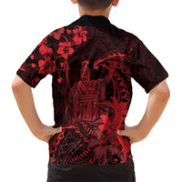 Hawaii King Kamehameha Day Family Matching Off Shoulder Short Dress and Hawaiian Shirt Polynesian Pattern Mix Hibiscus Red LT05 - Polynesian Pride