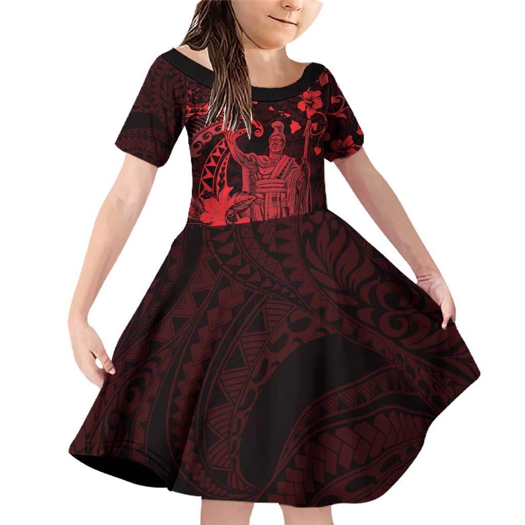 Hawaii King Kamehameha Day Family Matching Off Shoulder Short Dress and Hawaiian Shirt Polynesian Pattern Mix Hibiscus Red LT05 Daughter's Dress Red - Polynesian Pride