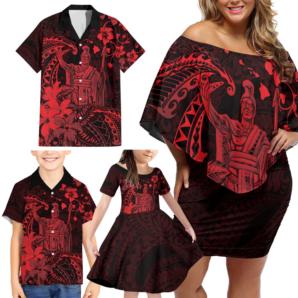 Hawaii King Kamehameha Day Family Matching Off Shoulder Short Dress and Hawaiian Shirt Polynesian Pattern Mix Hibiscus Red LT05 - Polynesian Pride