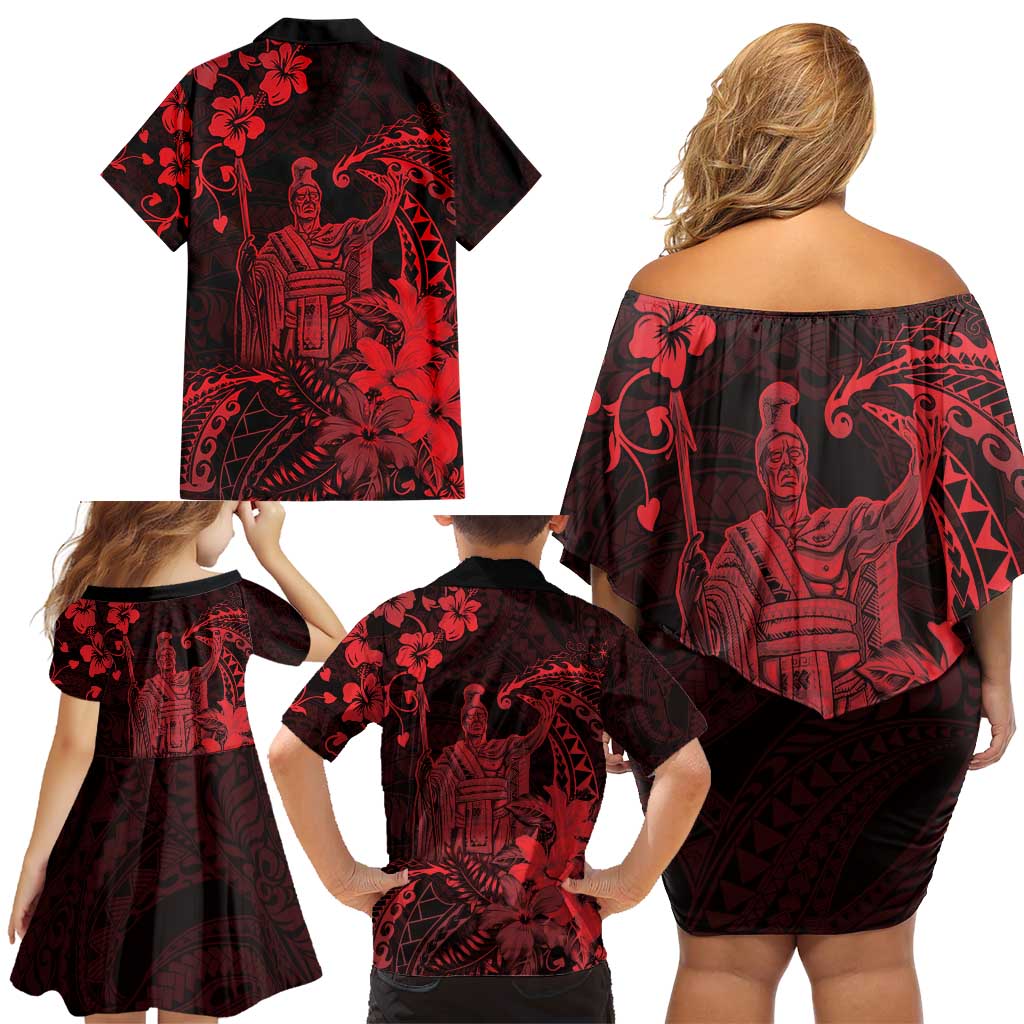 Hawaii King Kamehameha Day Family Matching Off Shoulder Short Dress and Hawaiian Shirt Polynesian Pattern Mix Hibiscus Red LT05 - Polynesian Pride