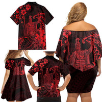 Hawaii King Kamehameha Day Family Matching Off Shoulder Short Dress and Hawaiian Shirt Polynesian Pattern Mix Hibiscus Red LT05 - Polynesian Pride