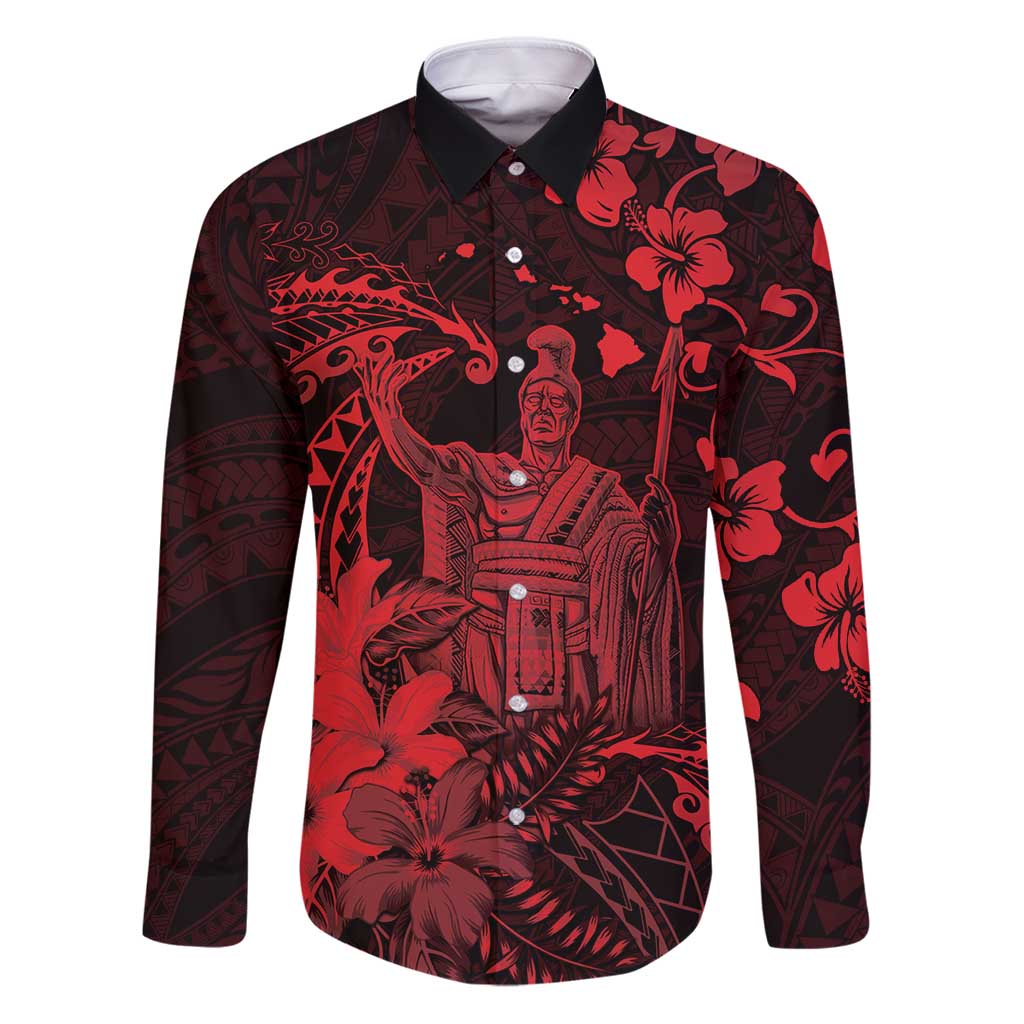 Hawaii King Kamehameha Day Family Matching Puletasi and Hawaiian Shirt Polynesian Pattern Mix Hibiscus Red LT05 Dad's Shirt - Long Sleeve Red - Polynesian Pride